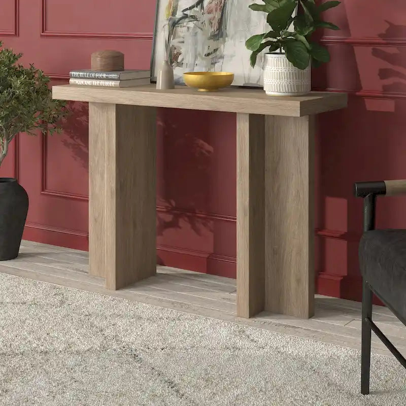 Tavolo Console Rettangolare Largo 42 Pollici — Stile a Doppia Colonna, Finitura Effetto Legno