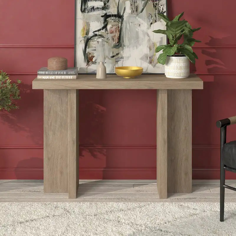 Tavolo Console Rettangolare Largo 42 Pollici — Stile a Doppia Colonna, Finitura Effetto Legno